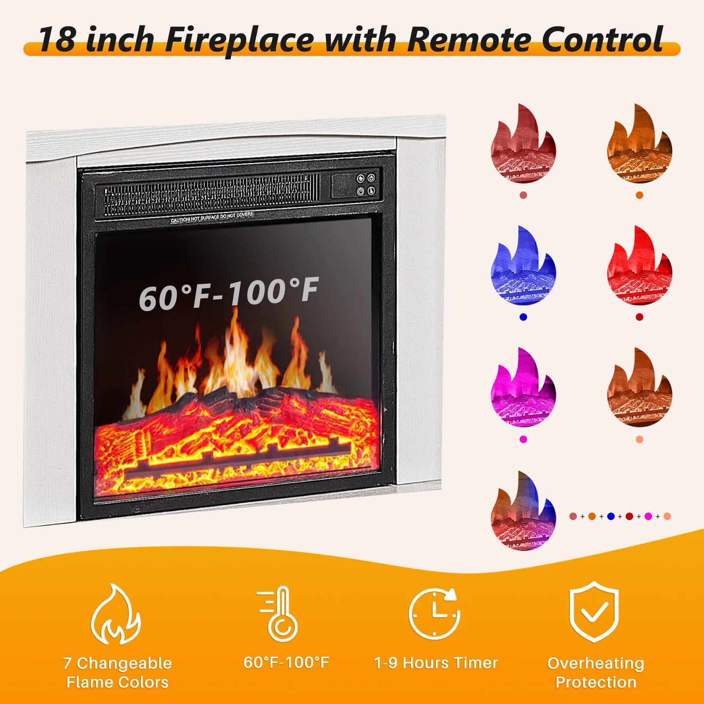 Fireplace TV Stand for 65" TV Media Entertainment Center Console Table w/ 18'' Electric Fireplace Remote Control Storage Shelves