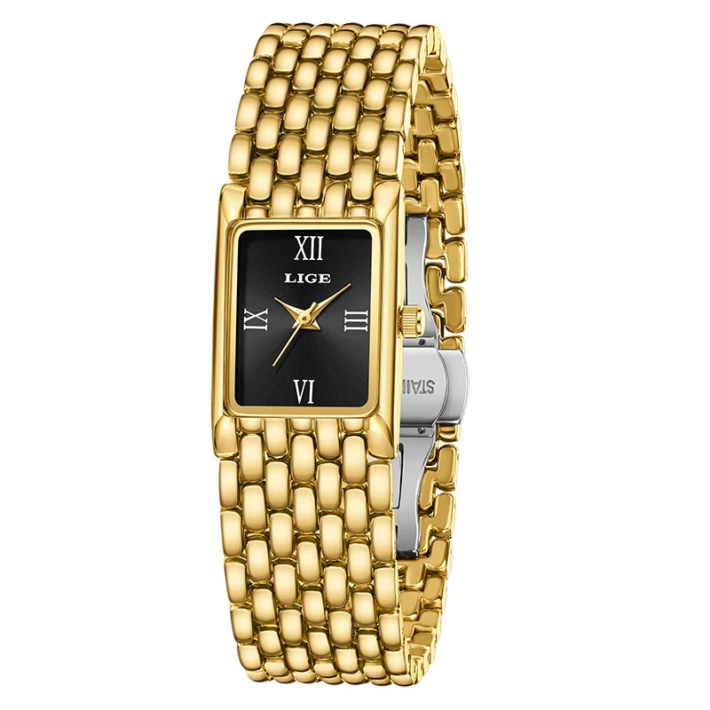 LIGE Retro Rectangle Womens Stainless Steel Quartz Watch