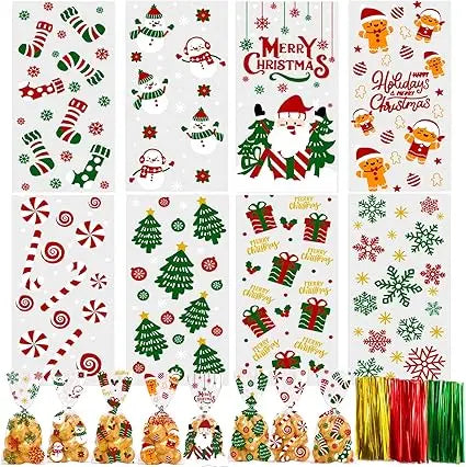 Christmas Cellophane Treat Bags With Twist Ties Santa Theme