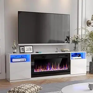 70" Fireplace TV Stand for TVs Up to 80" with 36" Electric Fireplace, TV Console for The Living Room, LED Light Entertainment C