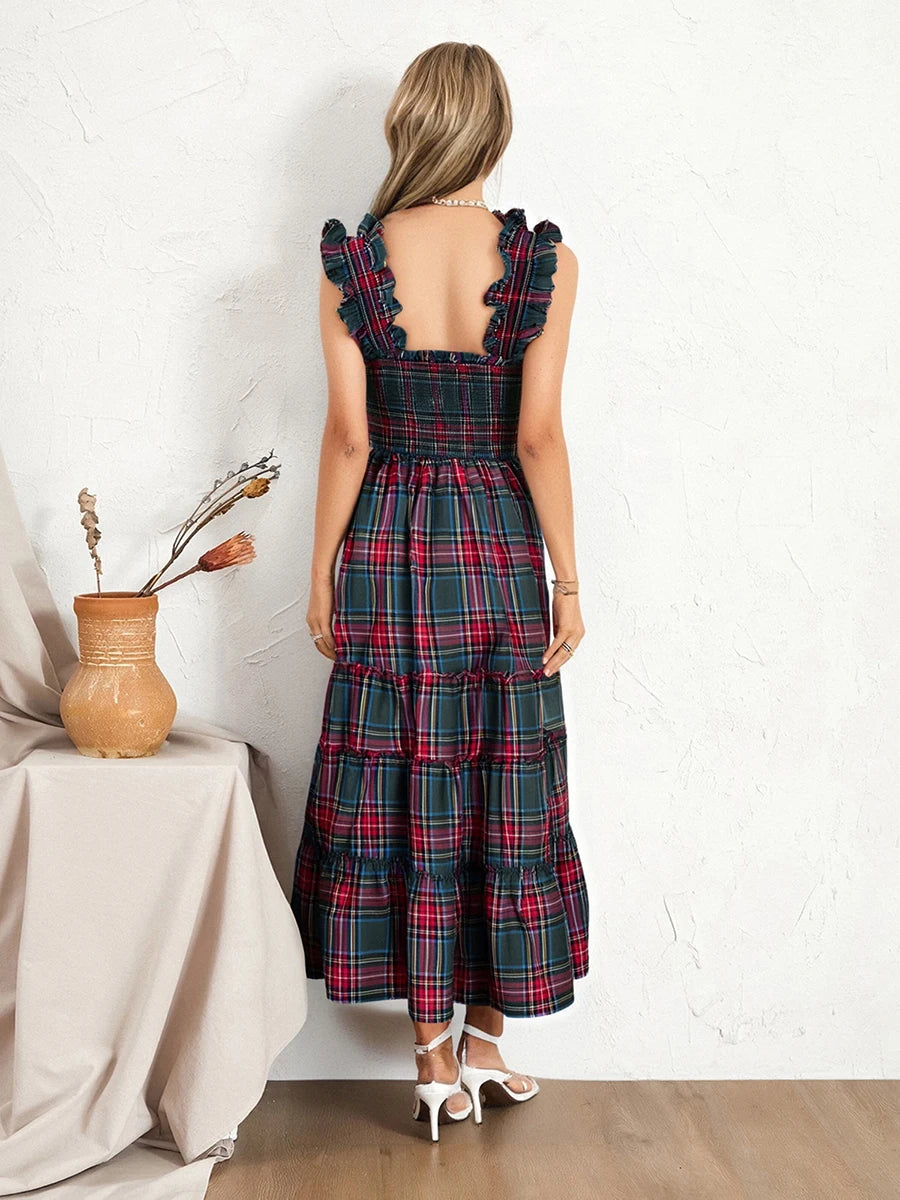 Women s Sleeveless Plaid Print Ruffled A-Line Dress with Floral Embroidery Detail for Summer Beach Party and Streetwear Fashion
