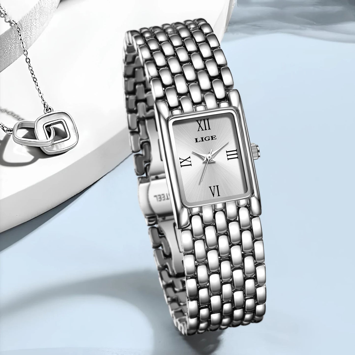LIGE Retro Rectangle Womens Stainless Steel Quartz Watch