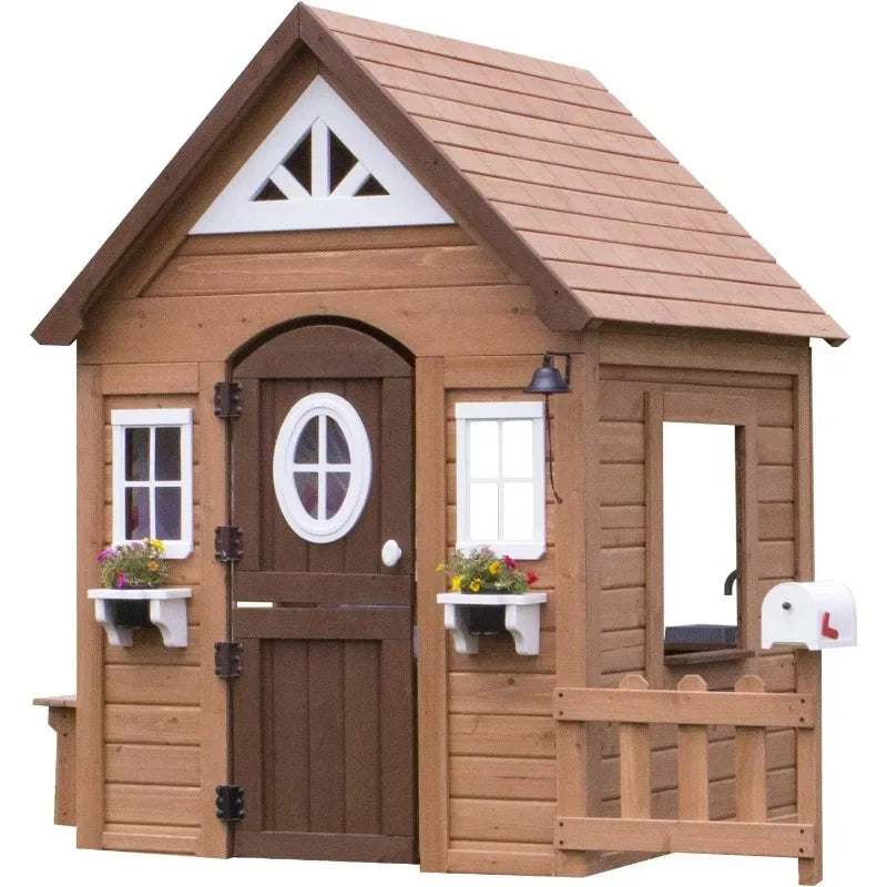 Aspen Cedar Wooden Kids Playhouse Cottage with Kitchen and Picnic Bench