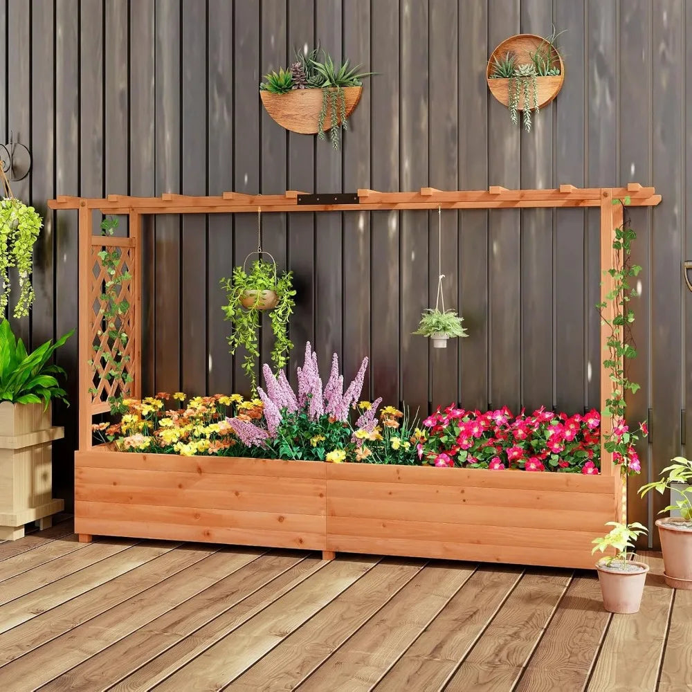 Giantex Raised Garden Bed with Trellis & Hanging Roof, Wood Planter Box with Bottom and Drainage Holes, Freestanding Garden Plan
