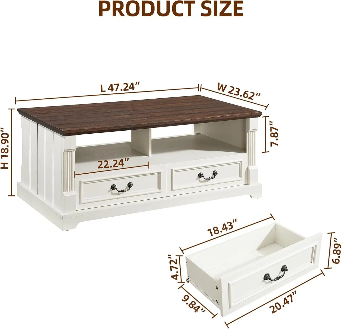 48'' Wood Coffee Table for Living Room, Farmhouse Coffee Table with Storage, Rustic Center Table for Living Room with 4 Drawers