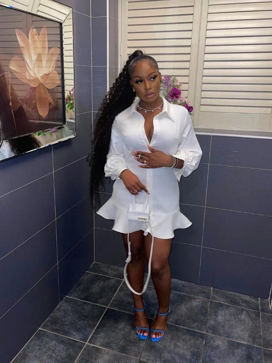 XTOCEAN Long Sleeve Elegant White Dress Women Autumn Winter Polo Neck Single Breasted Ruffled Dress Sexy Party Evening Clothing