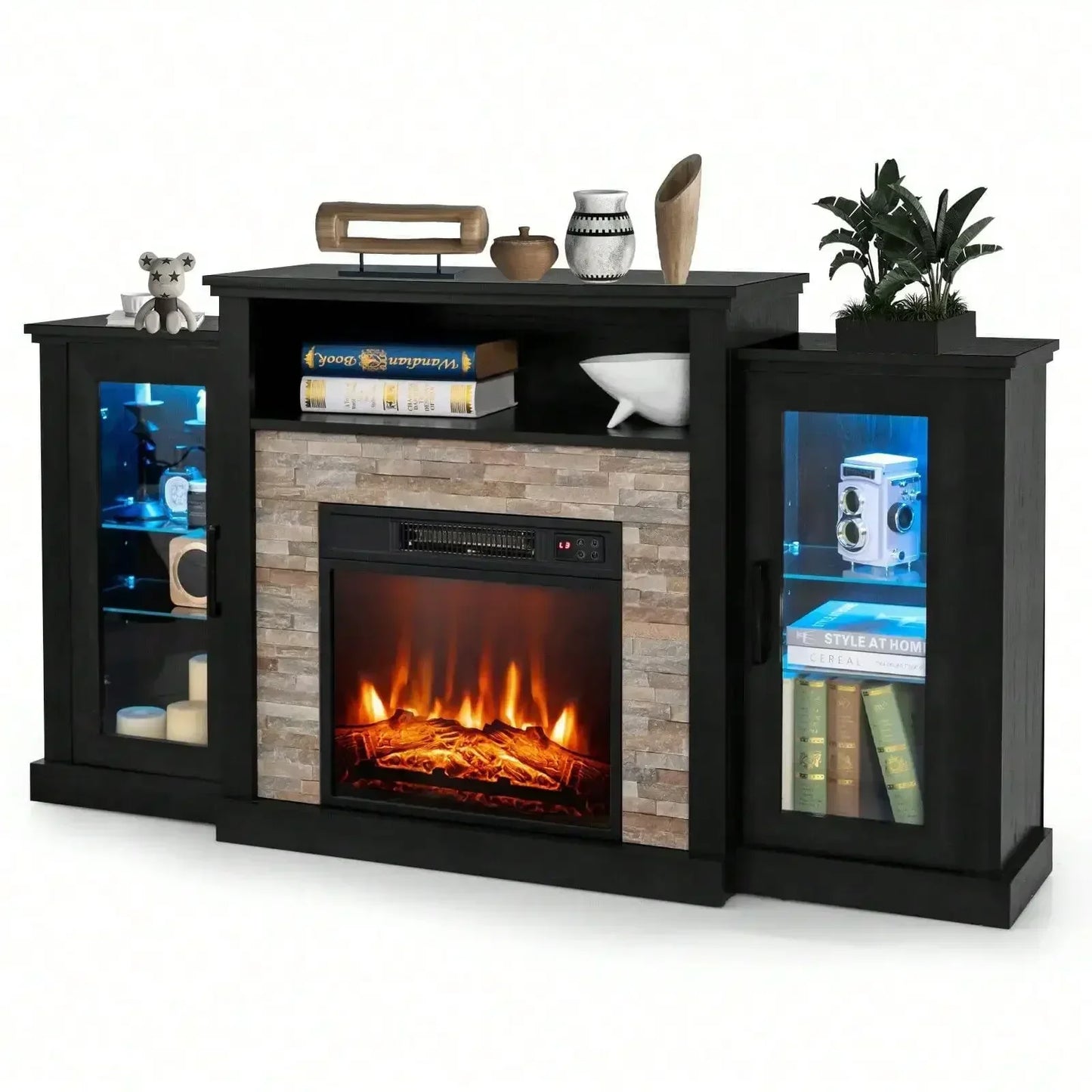Fireplace TV Stand w/ Led Lights & 18" Electric Fireplace for Tvs up to 65"