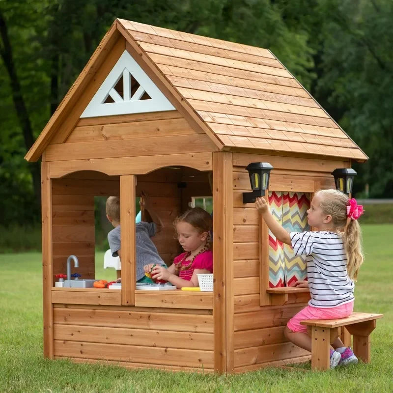 Aspen Cedar Wooden Kids Playhouse Cottage with Kitchen and Picnic Bench