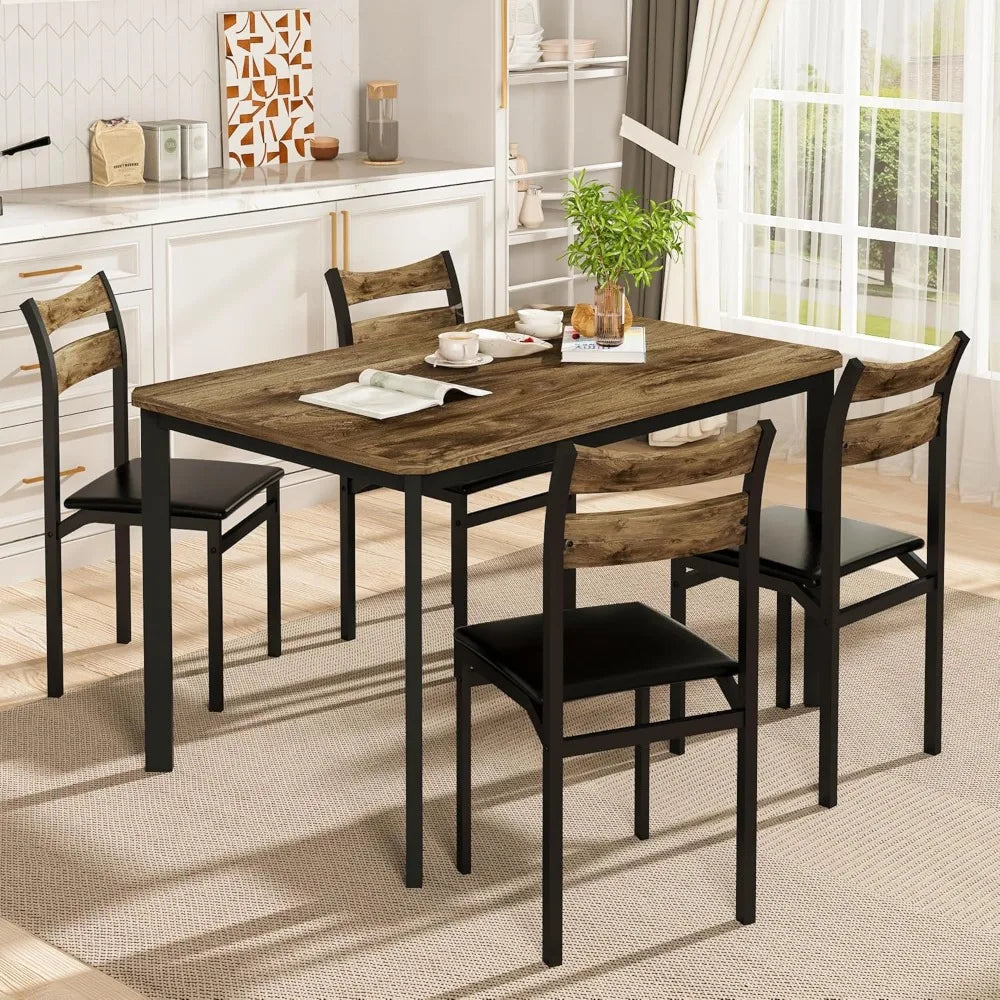 Hot Sale - Dining Table Set for 4, 43.3" Dining Room with 4 Upholstered PU Leather Chairs, Modern Wood Table and Chairs Set-New
