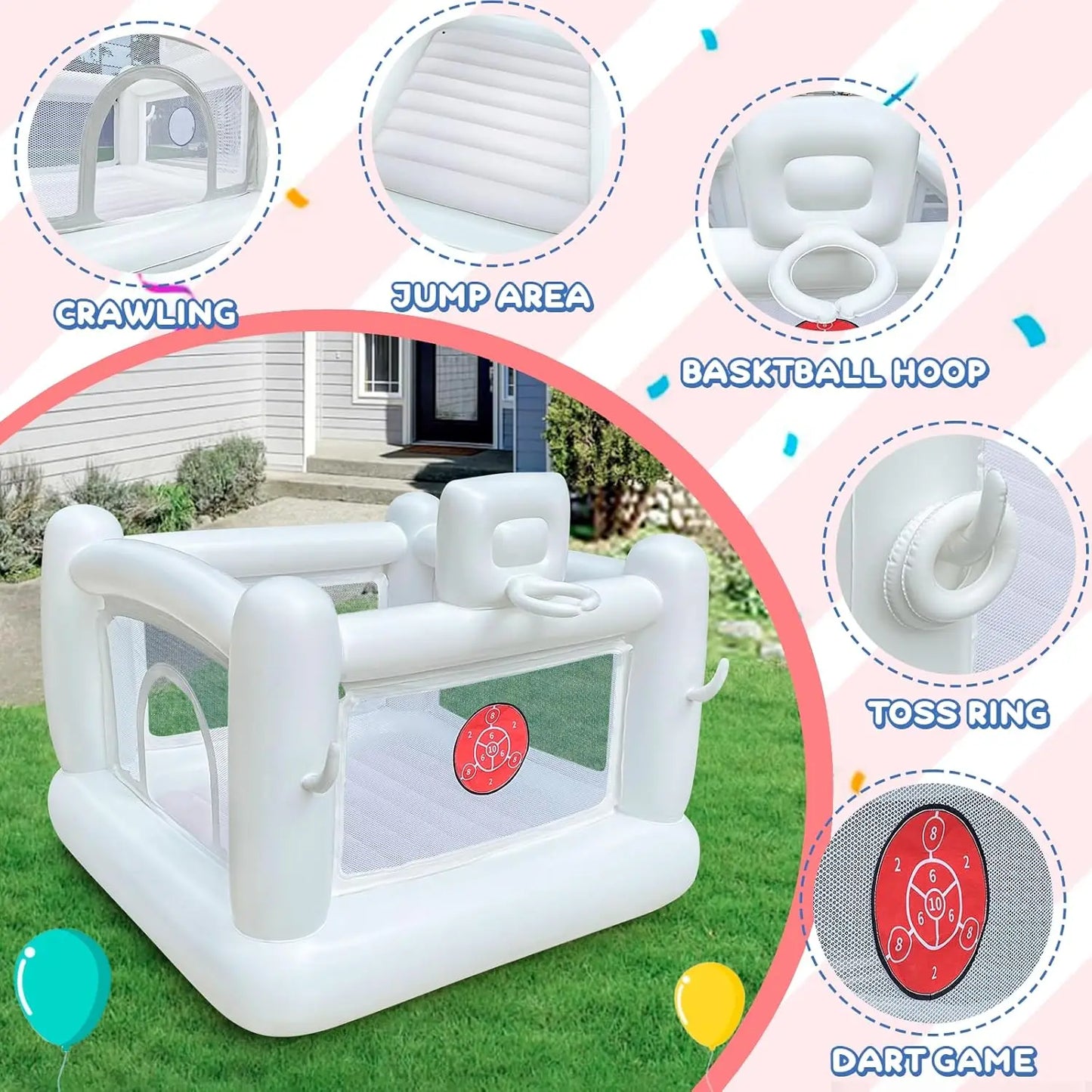 White Bounce House with Pump for Kids 3 to 6 Indoor Outdoor Fun