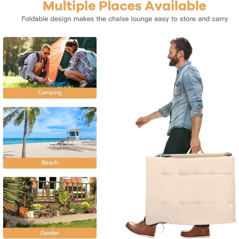 Camping Cot, 27” Lounge Chair Outdoor w/Mattress, Headrest, Side Pocket & Carry Strap, 3 in 1 Folding Layout Tanning Loung|