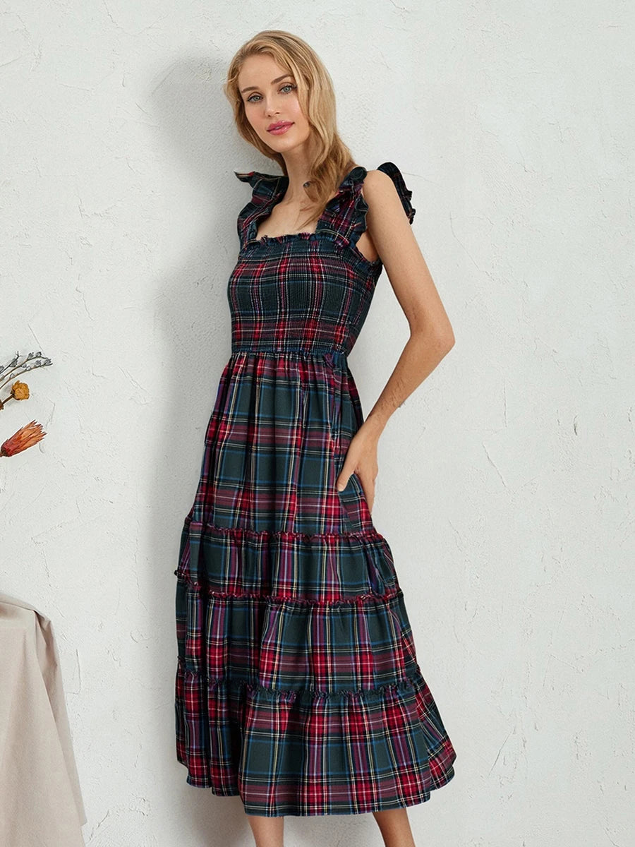 Women s Sleeveless Plaid Print Ruffled A-Line Dress with Floral Embroidery Detail for Summer Beach Party and Streetwear Fashion