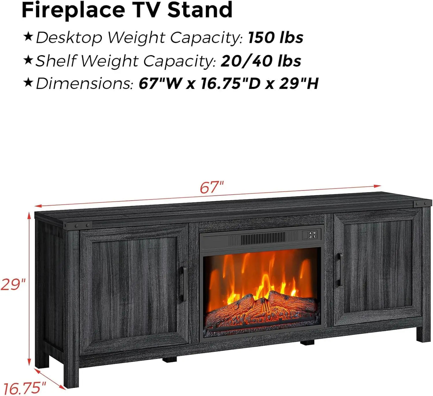 Fireplace TV Stand 67 Inches, Entertainment Center with 23" Electric Fireplace Storage Cabinet Doors and Open Shelves