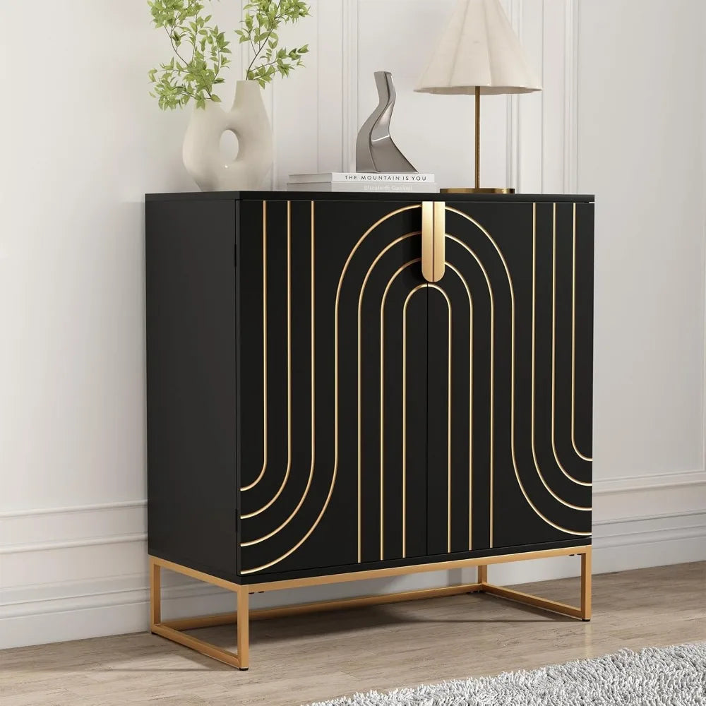 Accent Wood Grain Cabinet with 2 Doors, Storage Cabinet Sideboard with Gold Metal Legs for Living Room,Entryway and Kitchen Din