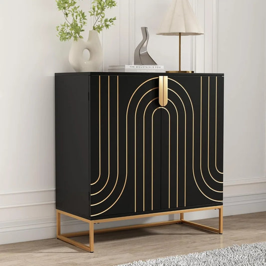 Accent Wood Grain Cabinet with 2 Doors, Storage Cabinet Sideboard with Gold Metal Legs for Living Room,Entryway and Kitchen Din