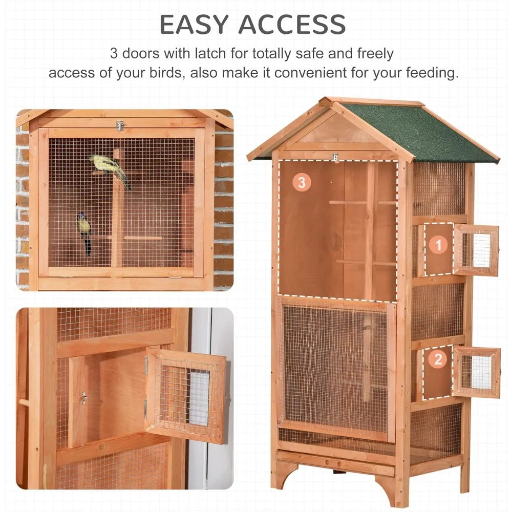 Wooden Outdoor Bird Cage For Finches And Parakeets With Removable Bottom Tray And Four Perches