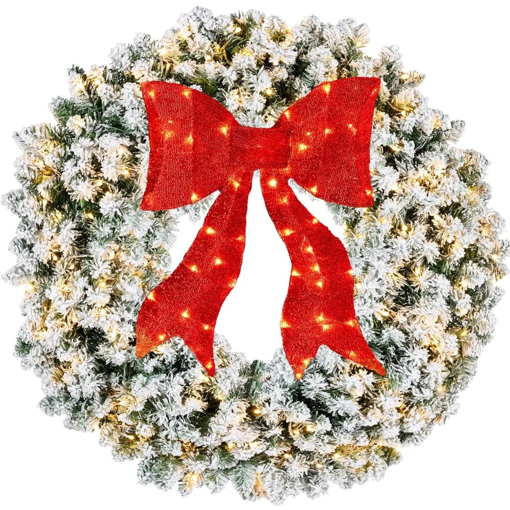 Color Flocked Pre Lit Christmas Wreath With Bow Plug In