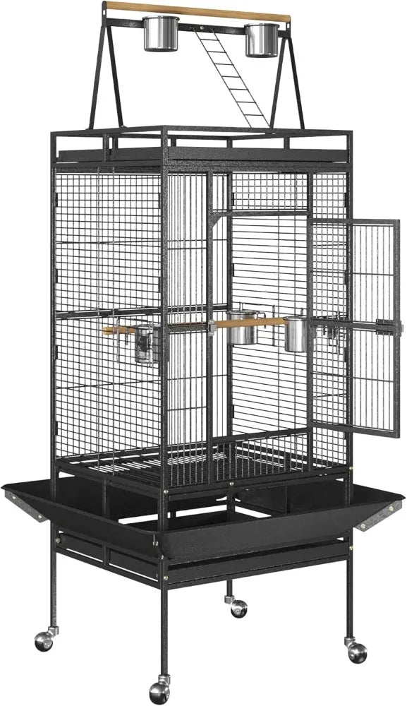 IndustrialGrade WroughtIron Parrot Cage With Rolling Stand Playtop Premium Durable