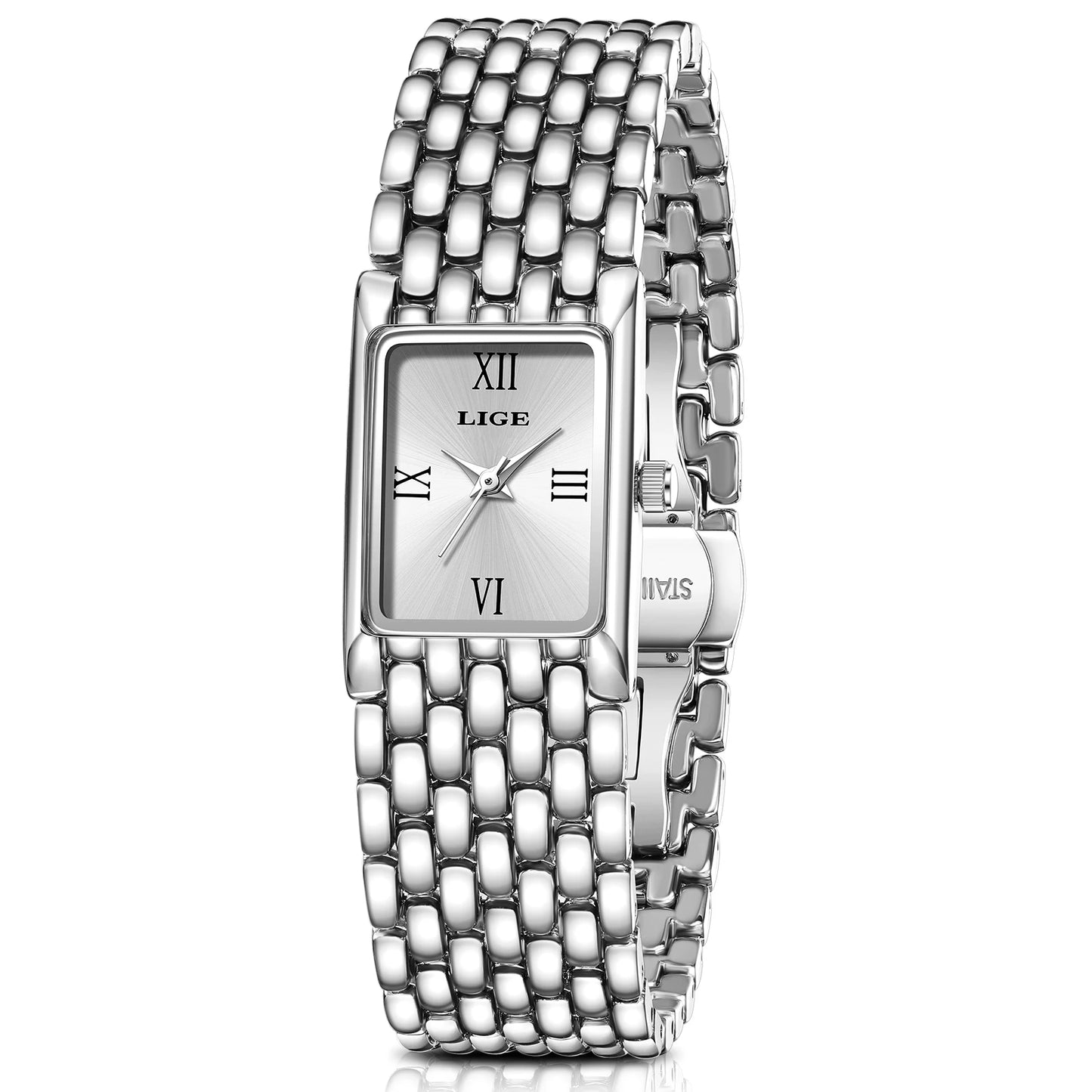 LIGE Retro Rectangle Womens Stainless Steel Quartz Watch