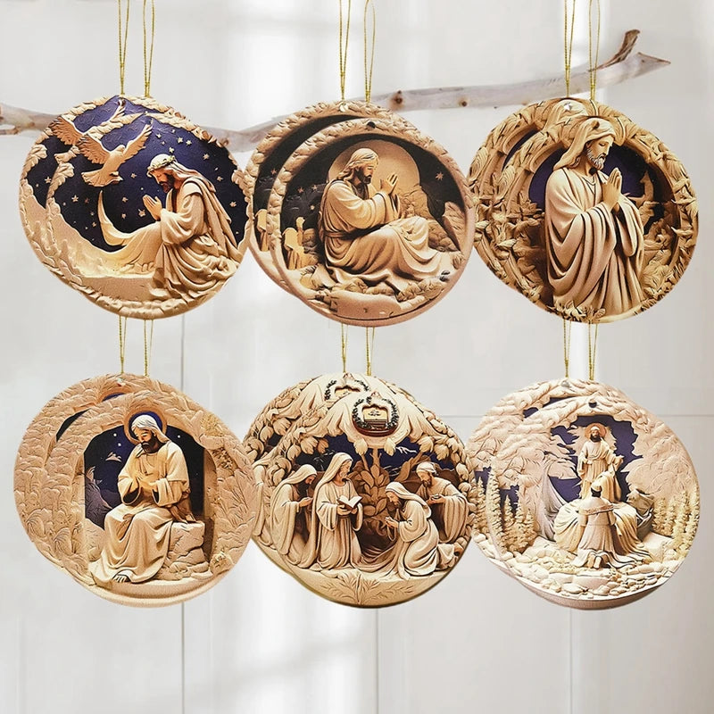 Rustic Nativity Scene Ornaments Set Wooden Christmas Decorations Mini Round Signs for Holiday Home Décor and Gifts