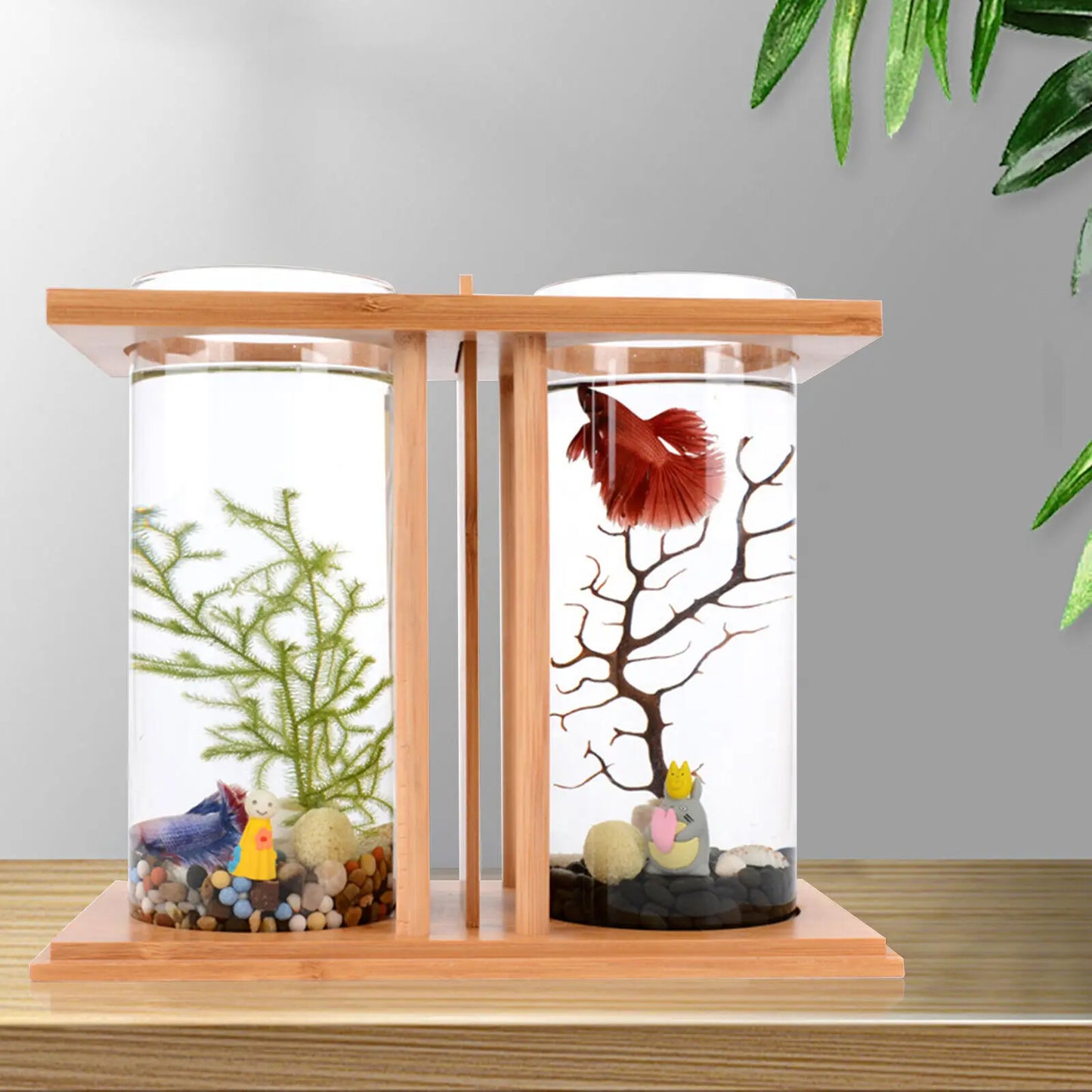 Glass Betta Fish Tank Bamboo Base Mini Aquarium Fish Tank For Desktop