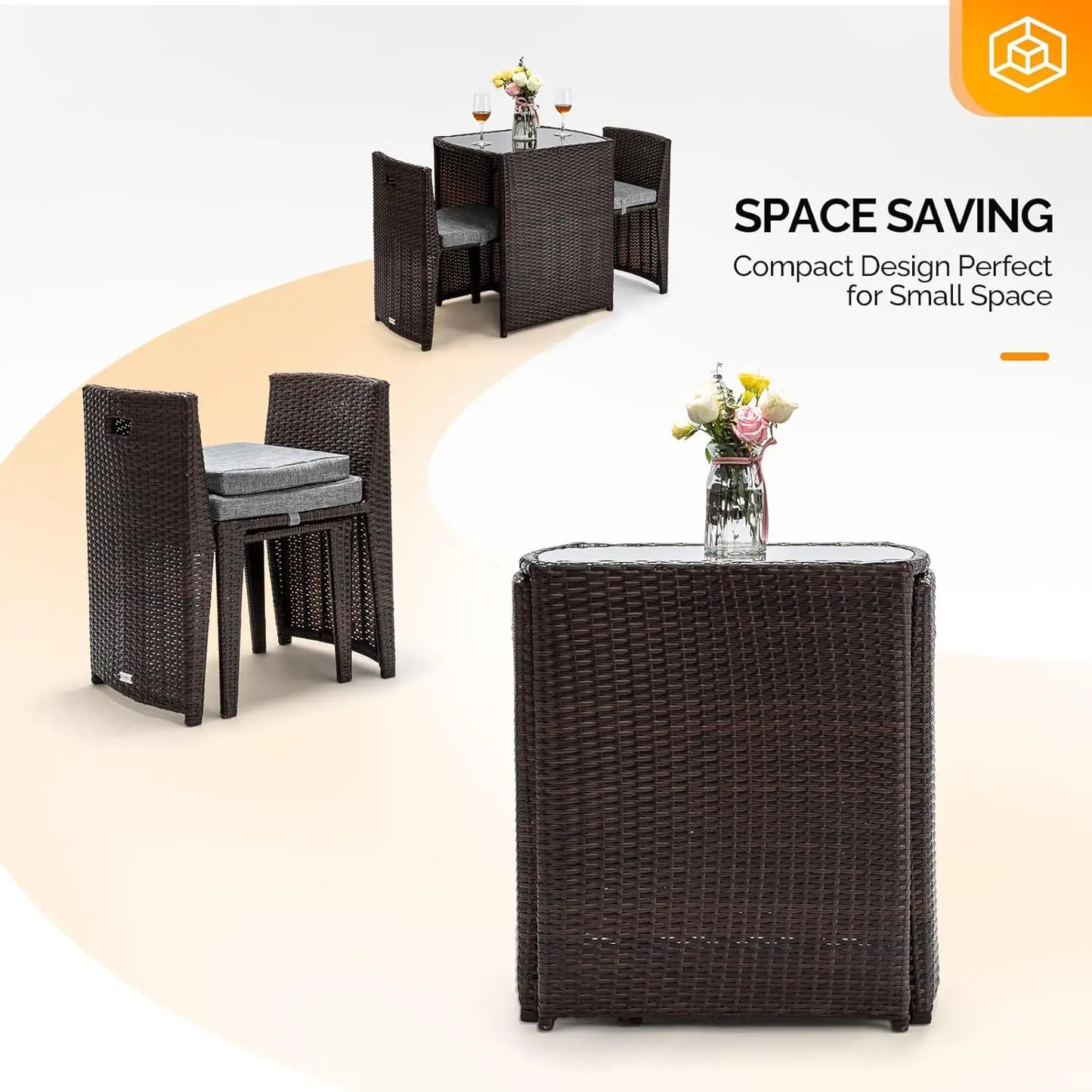3 PCS Wicker Outdoor Patio Bistro Set, Patio Furniture Set for Small Space with Glass Top Table Dining Chairs