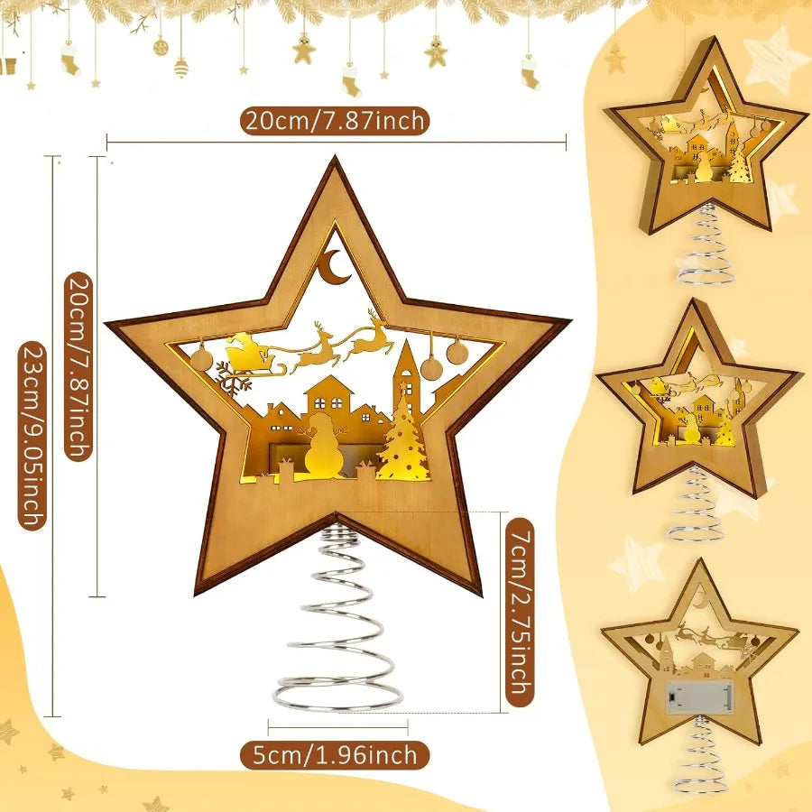 Christmas Tree Topper Star Lighted 3D Wooden Star Topper