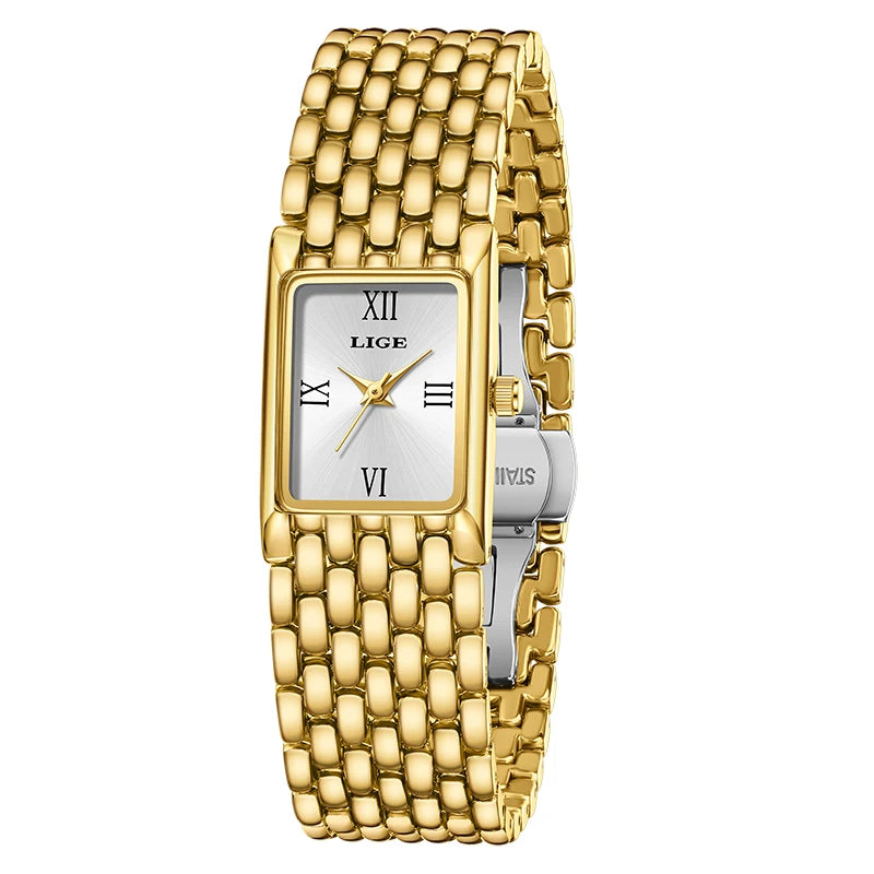 LIGE Retro Rectangle Womens Stainless Steel Quartz Watch