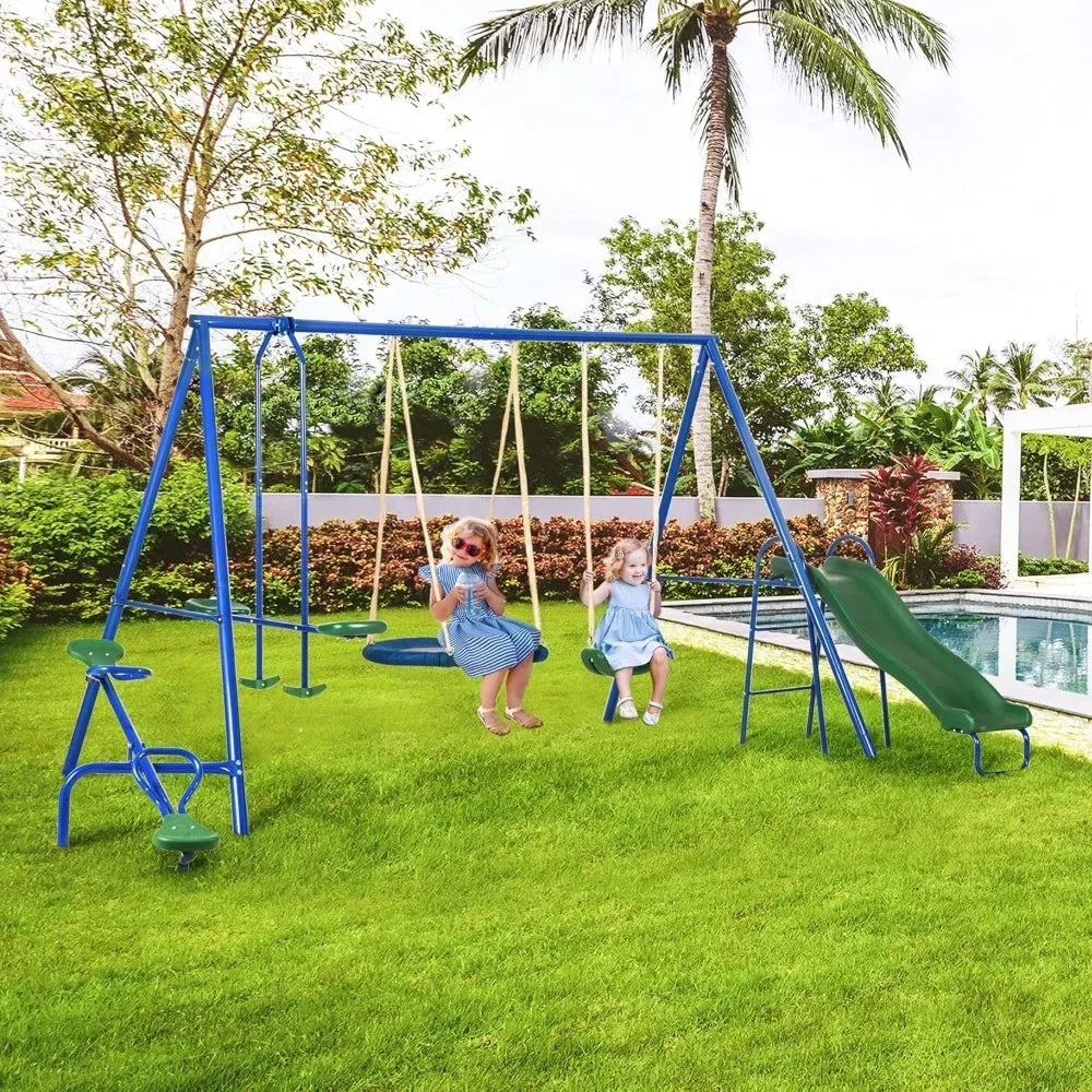Swing Set for Backyard 5 in 1 Heavy Duty A Frame Playset with Saucer Swing Slide