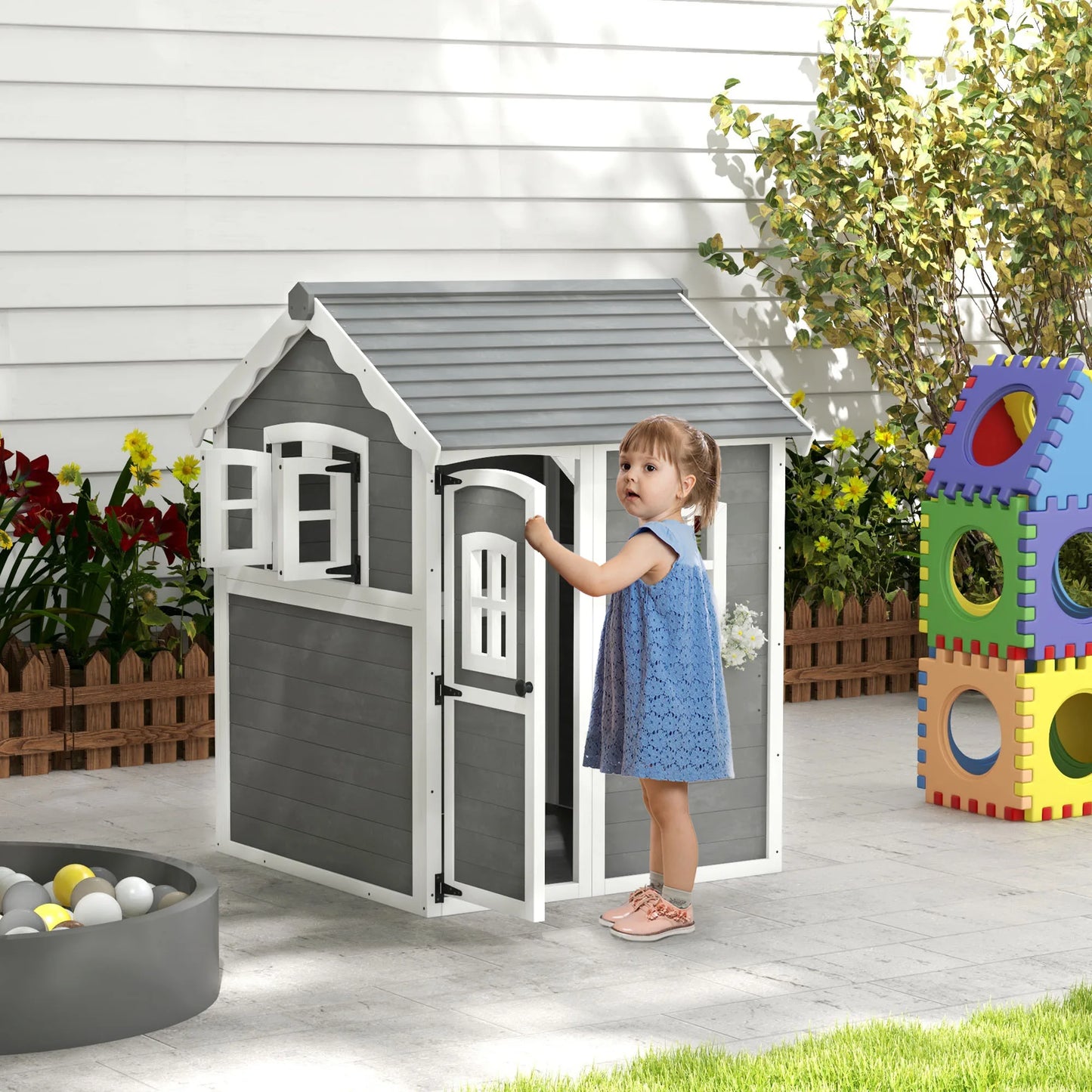 Outsunny Wooden Playhouse for Kids with Floor Door Windows and Planter Box