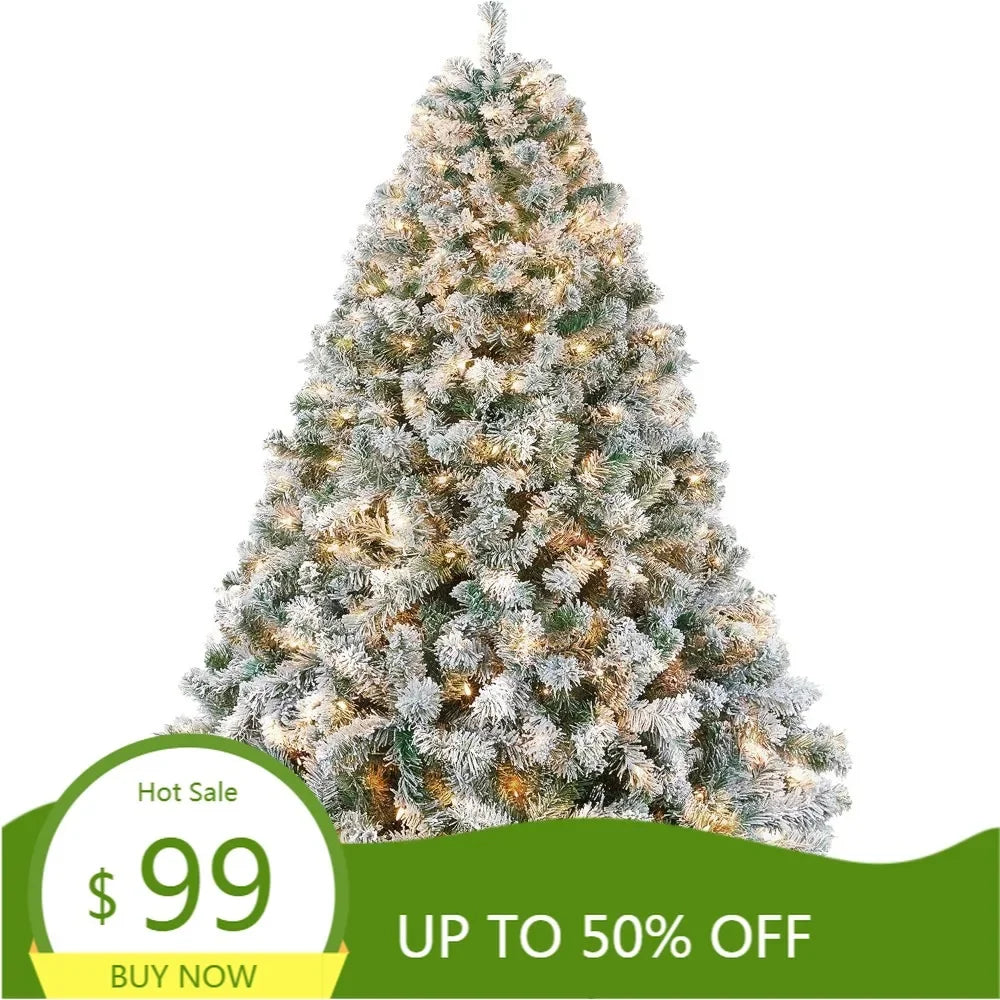 XMSJ Snow Covered Pre-Lit Christmas Tree With Warm White Lights