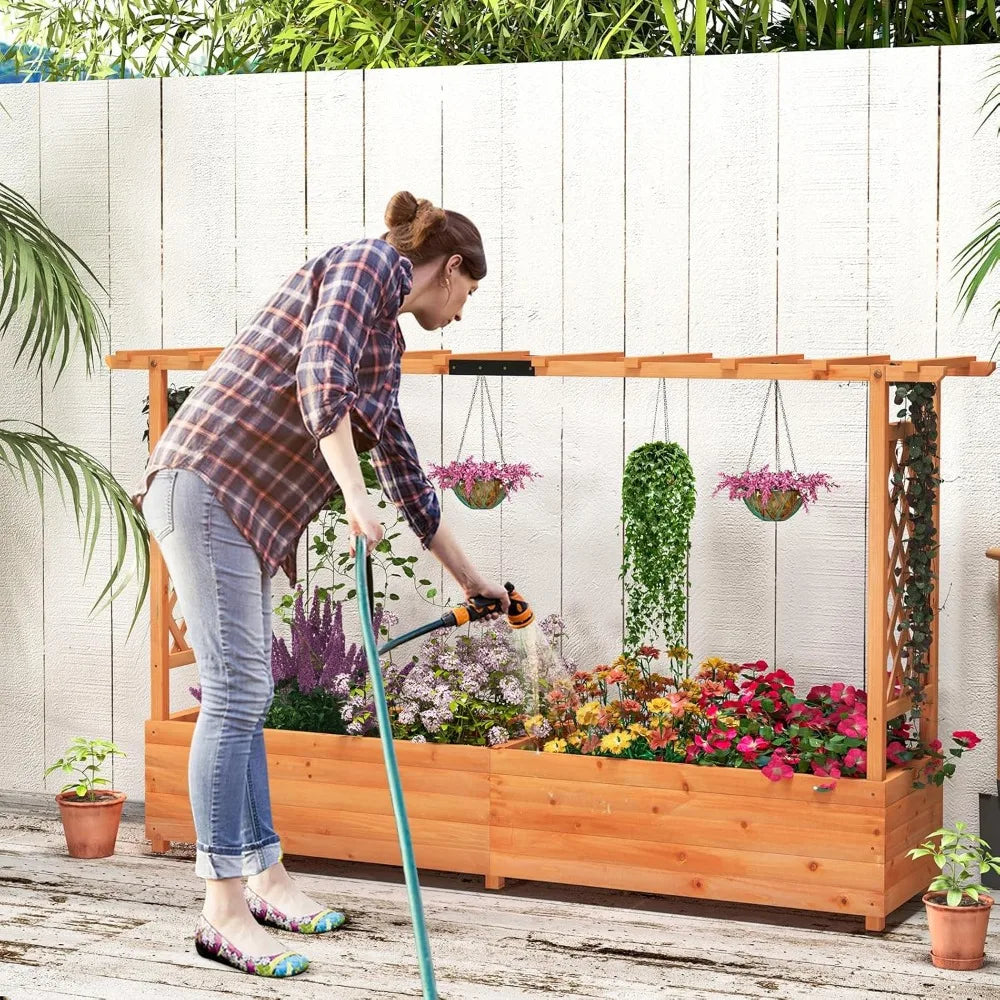 Giantex Raised Garden Bed with Trellis & Hanging Roof, Wood Planter Box with Bottom and Drainage Holes, Freestanding Garden Plan
