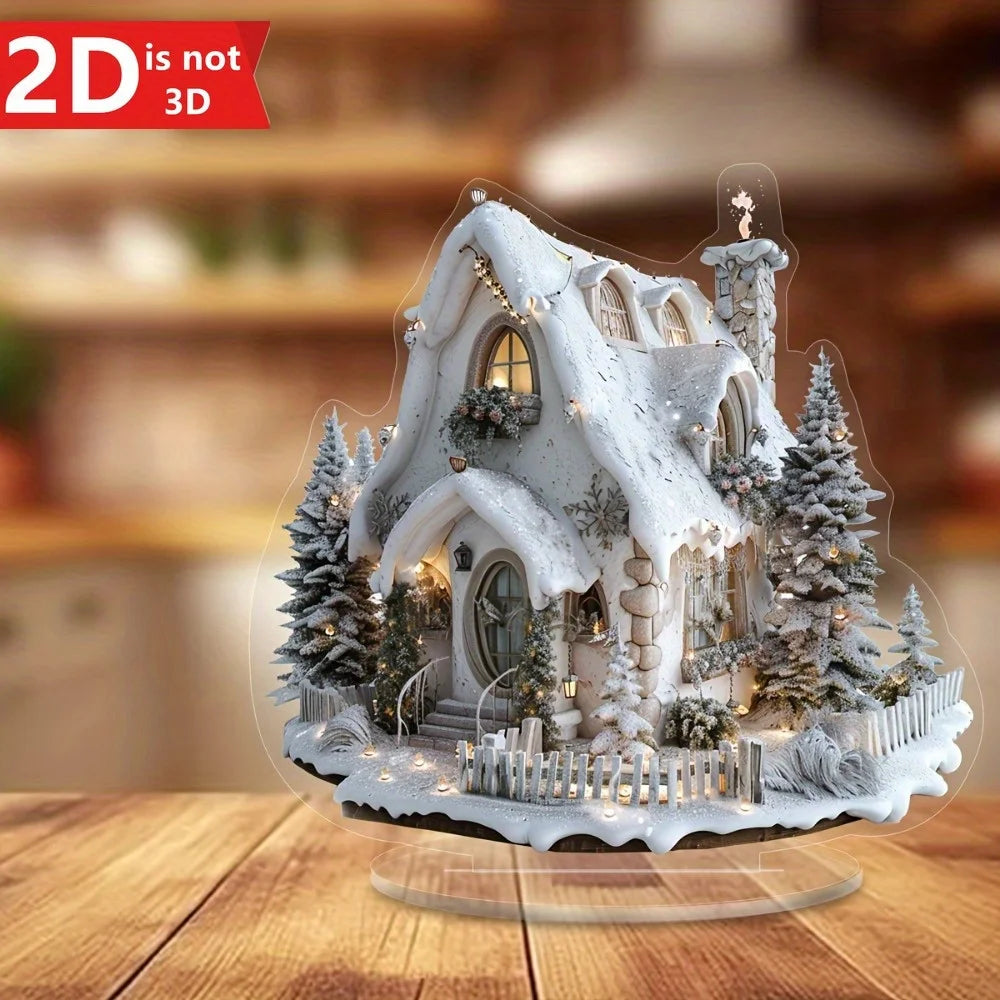 Enchanting snow-themed Christmas house tabletop decor with bracket. Ideal for home and office holidays.
