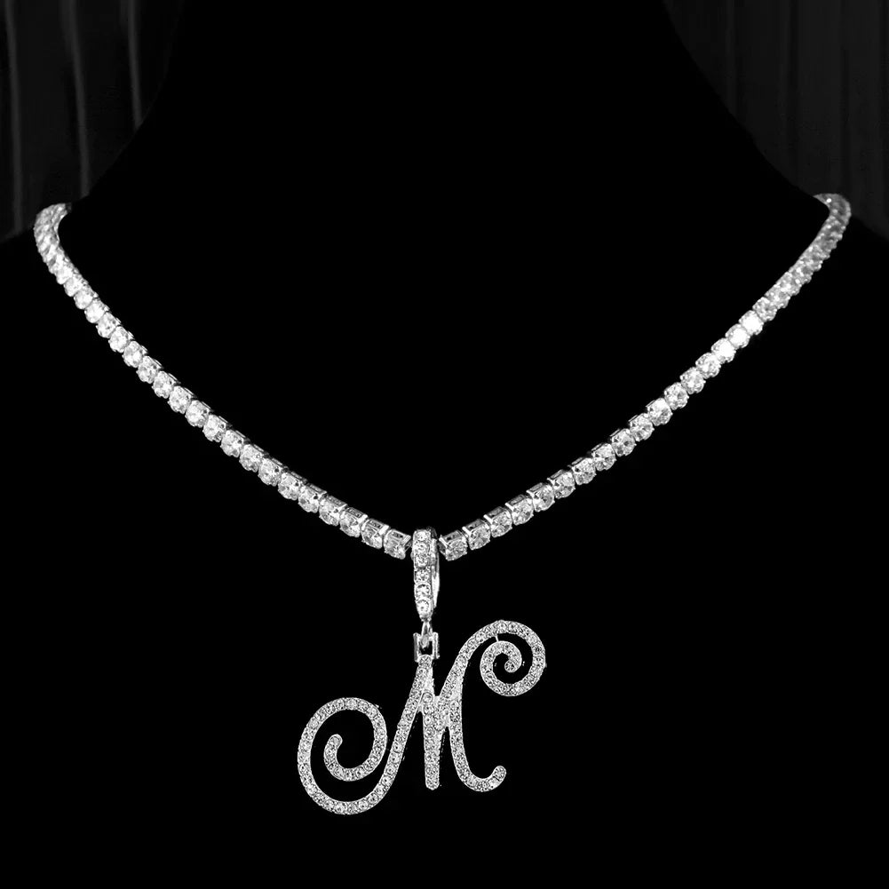 Caraquet Cursive Alphabet Name Necklace CZ Chain Pendant