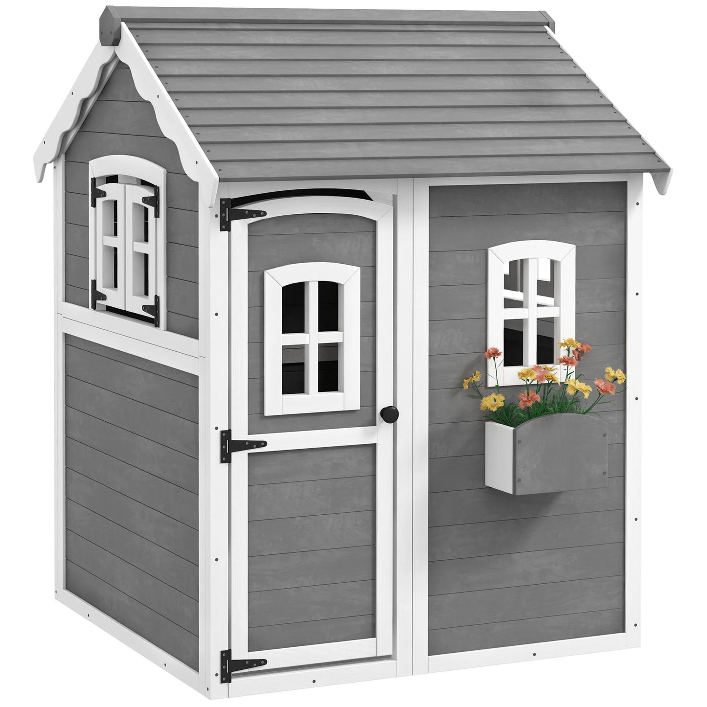 Outsunny Wooden Playhouse for Kids with Floor Door Windows and Planter Box