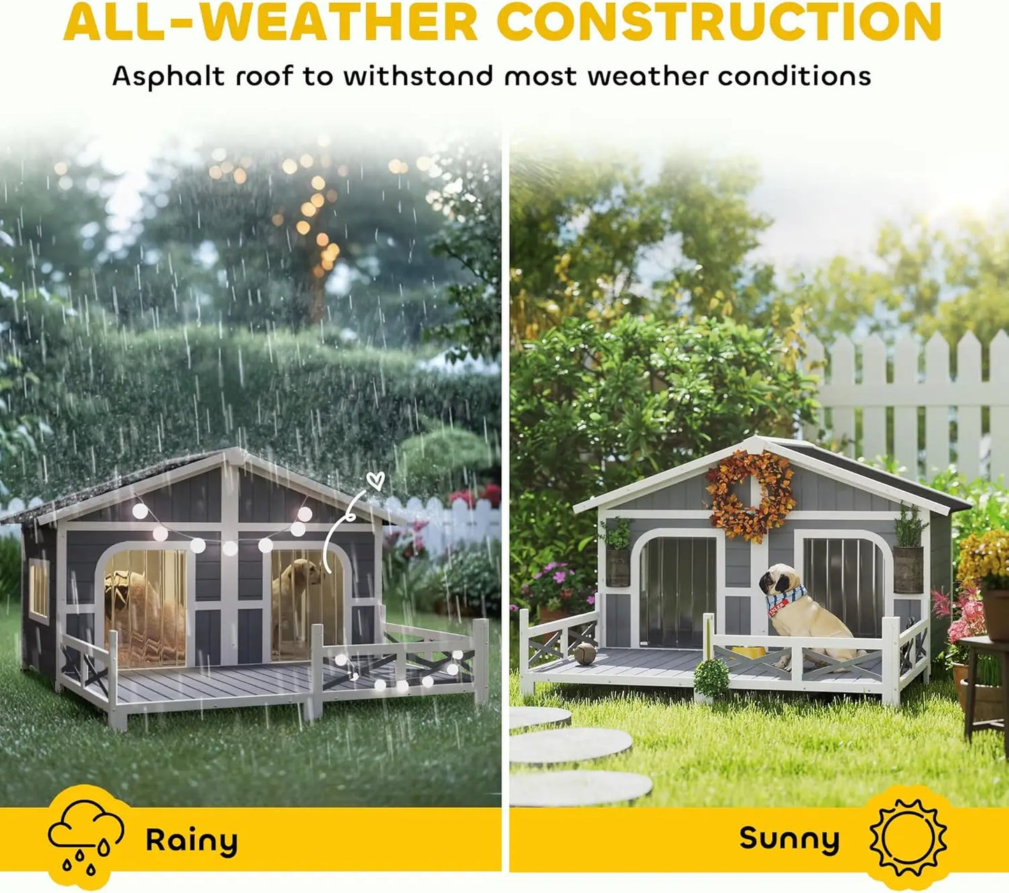 XMSJ Weatherproof Dog Kennel With Porch OpenableRoof ElevatedFloor RemovableBottom DoubleRoom