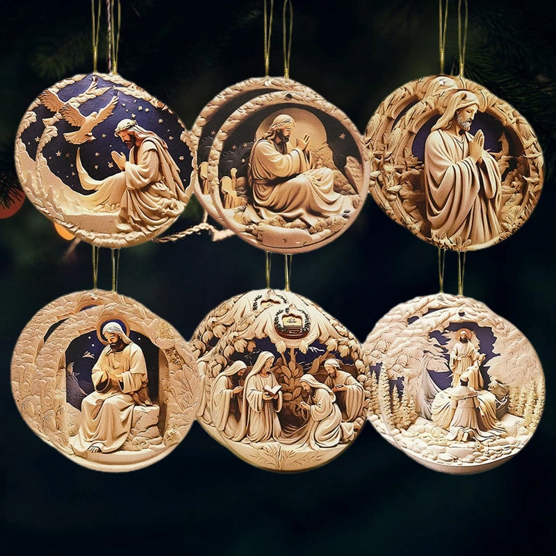 Rustic Nativity Scene Ornaments Set Wooden Christmas Decorations Mini Round Signs for Holiday Home Décor and Gifts