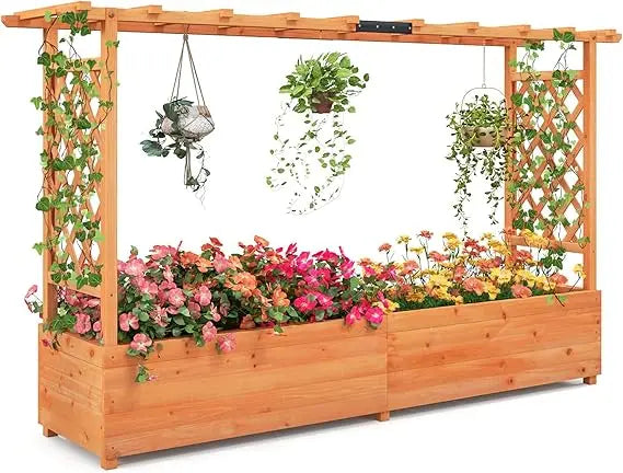 Giantex Raised Garden Bed with Trellis & Hanging Roof, Wood Planter Box with Bottom and Drainage Holes, Freestanding Garden Plan