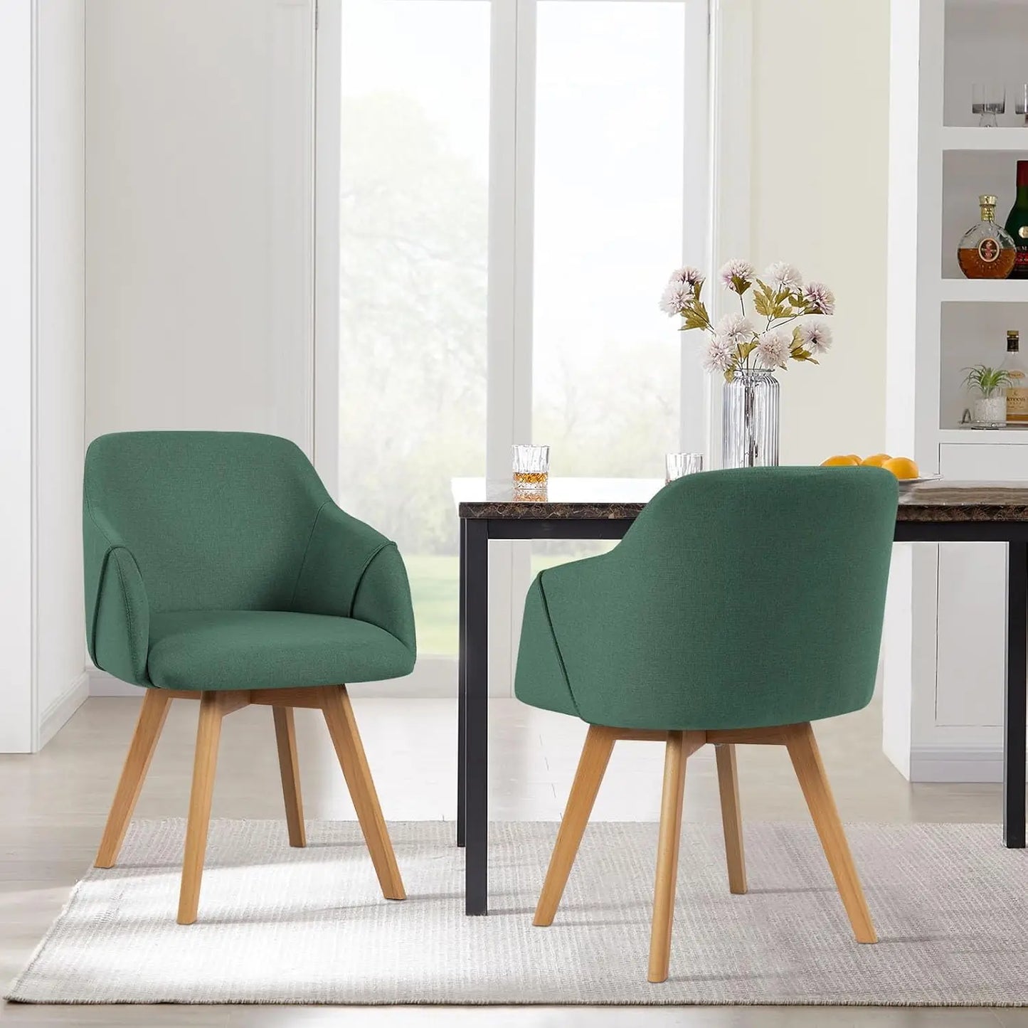 Swivel Dining Chairs with Arm, Set of 2, Modern Linen Fabric Upholstered Kitchen Dining Room Chairs, Swivel Accent Desk Chairs