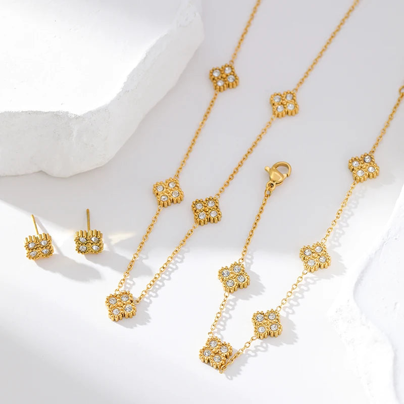 GANEMLY Sparkling Clover Zircon Jewelry Set Stainless Steel