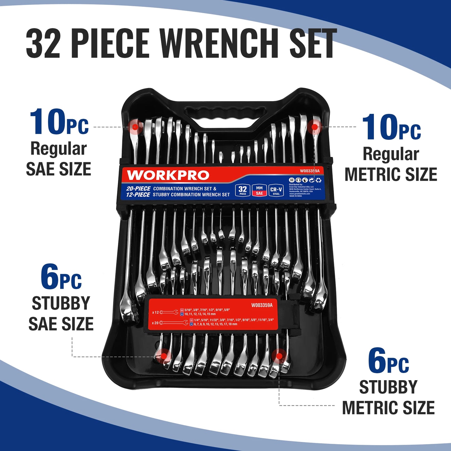 WORKPRO SAE Metric Wrenches Set With Organizer Carry Case