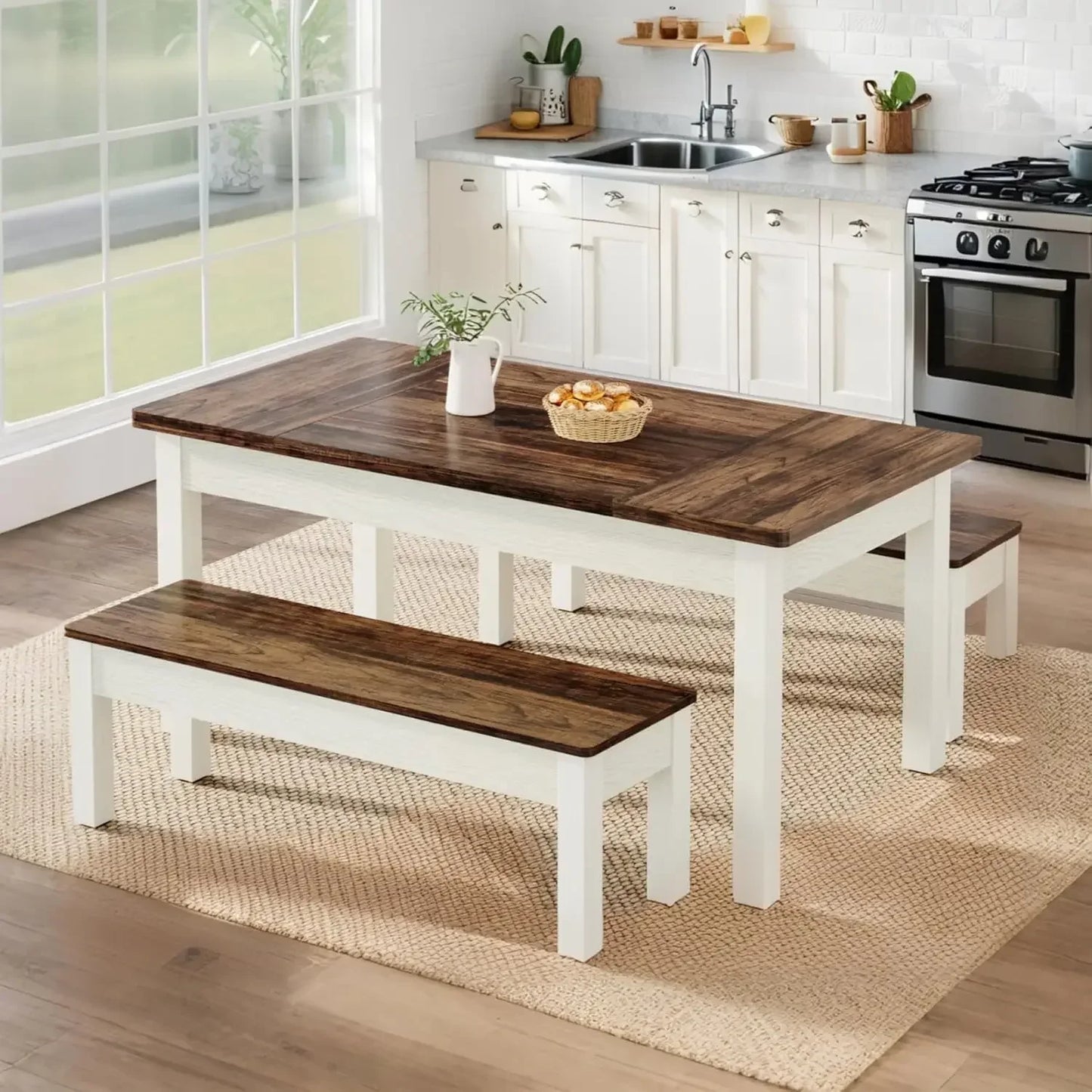Farmhouse Kitchen Table Set for 4-6, 55-Inch Wooden Dining Table with 2 Benches, Space Saving Heavy Duty Dinette for Dining Room