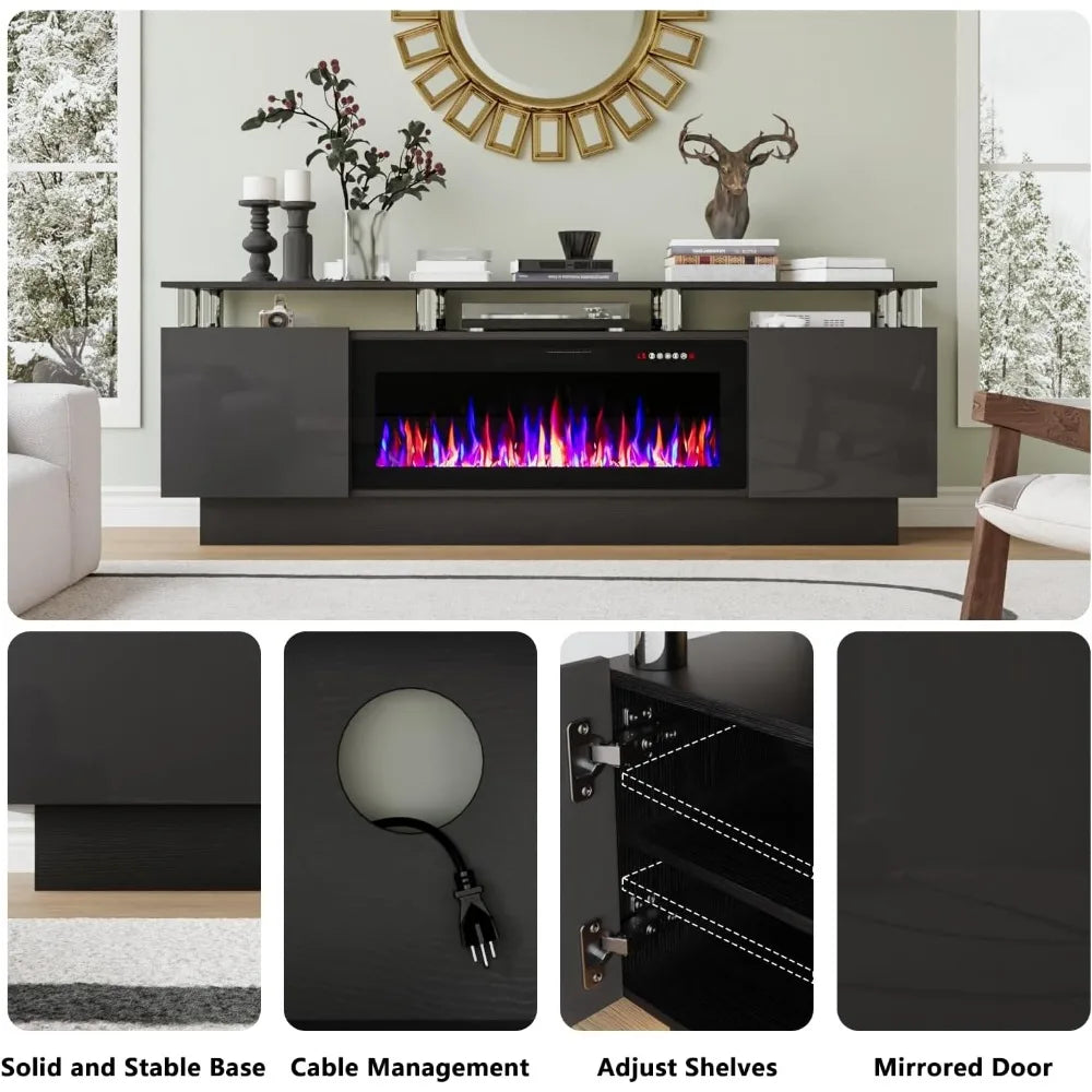 Fireplace TV Stand with 36" Fireplace, 70 Inch Black Fire Place TV Stands for Living Room, Modern Electric Fireplace TV Stand wi