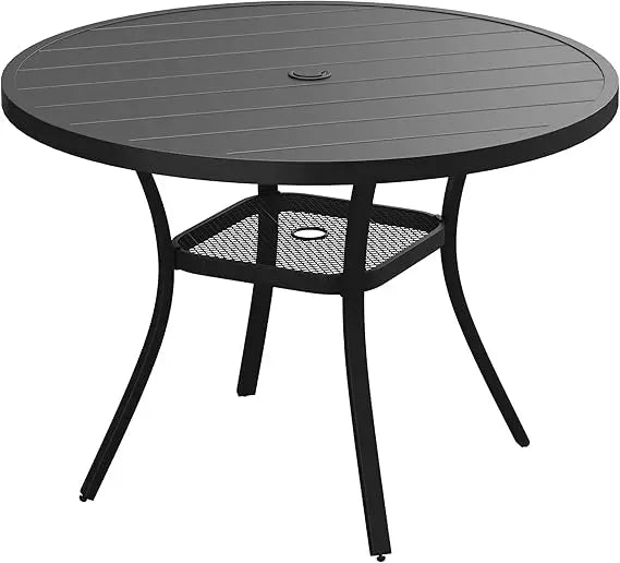 Round Patio Table with Adjustable Umbrella Hole, All Weather Outdoor Round Dining Table for Lawn Garden, 41.2"x 28" Grey Wood-L