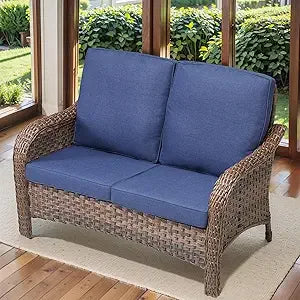 Patio Loveseat, 2 Seater Wicker Small Patio Couch Sofa with Cushions, Outdoor Patio Rattan Loveseat Sofa for Sun Porch Deck Pati