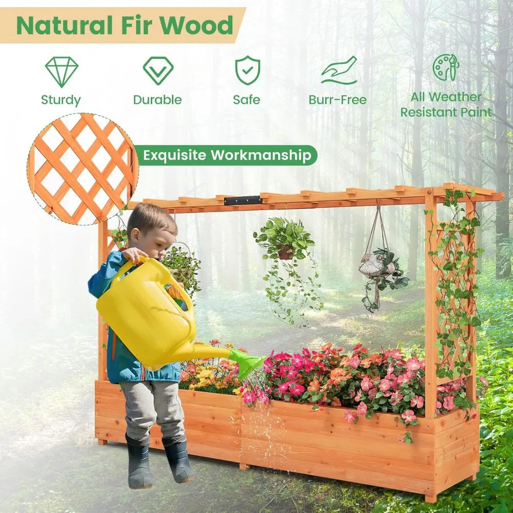 Giantex Raised Garden Bed with Trellis & Hanging Roof, Wood Planter Box with Bottom and Drainage Holes, Freestanding Garden Plan