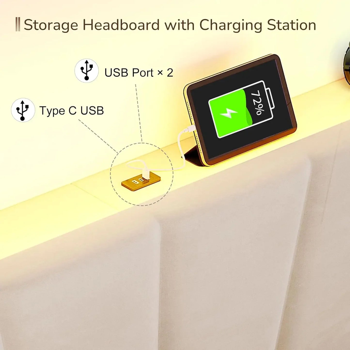 XMSJ Velvet Headboard Platform Bed With LED Lights