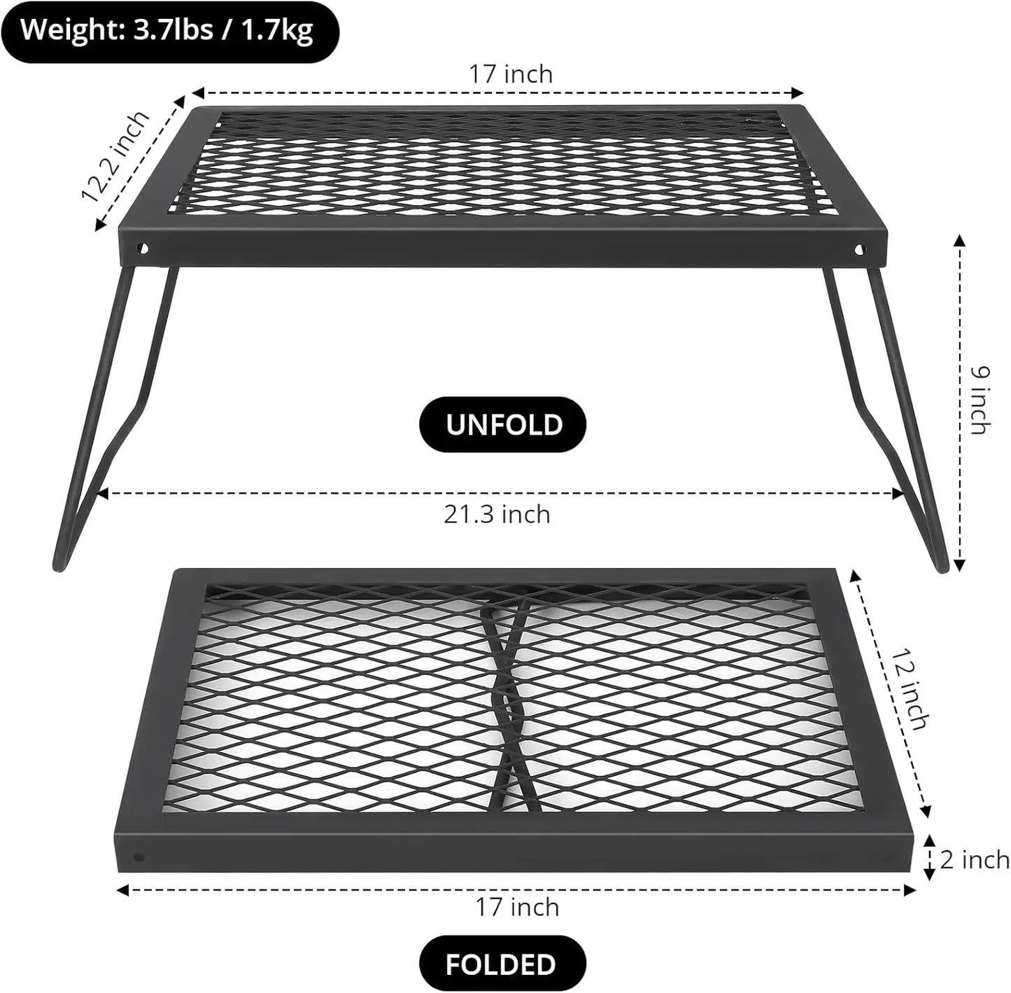Folding Campfire Grill, Heavy Duty Steel Mesh Grate, Portable Camping Grates Over Fire Pit, Camp Fire Cooking, Grilling Rack