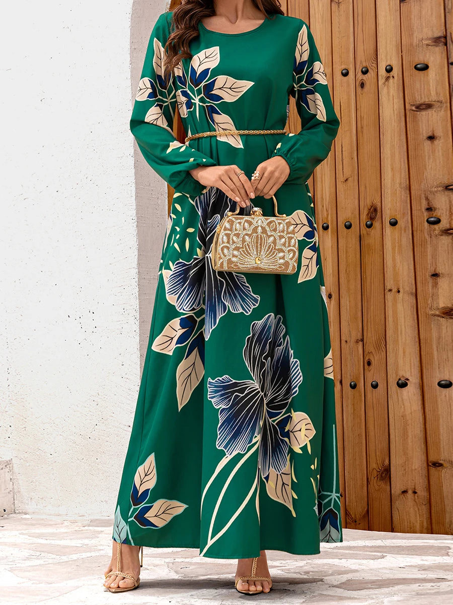 Elegant Floral Print Maxi Dress with Flowy Silhouette and Long Sleeves Inspired by Middle Eastern Fashion Trends
