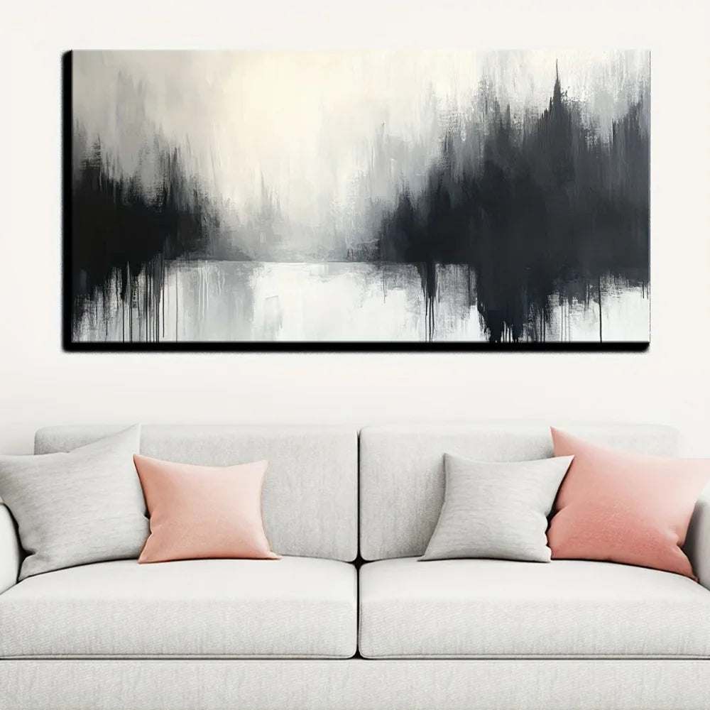 Grey and white abstract canvas painting, modern printed living room decoration, 1.5 inch thick pine solid wood frame